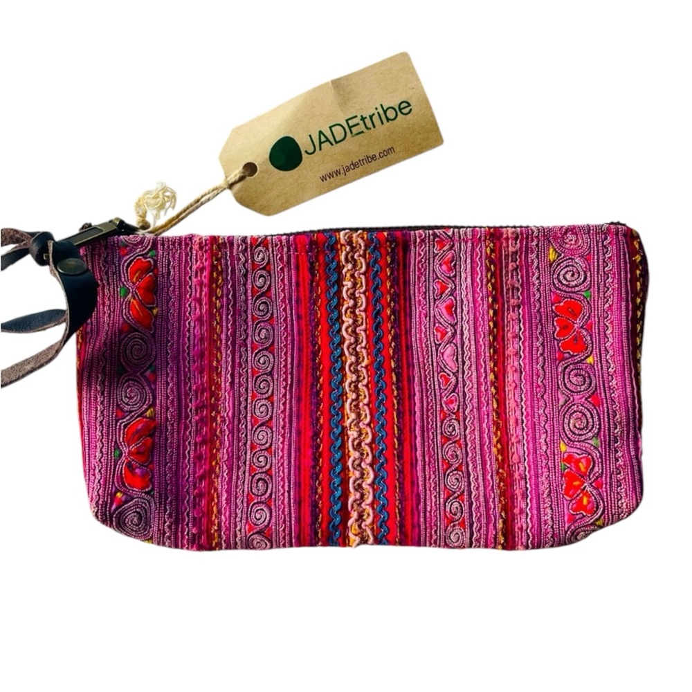Pink Toned Handcrafted Woven Jade Tribe Clutch pull tab and leather Fringe - Picture 5 of 12